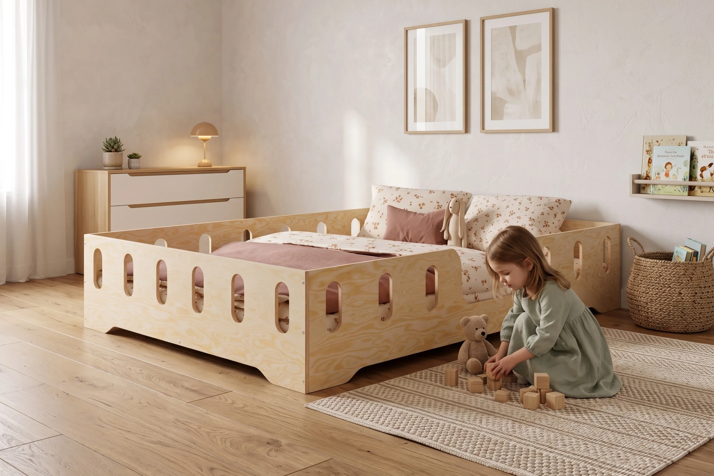 Lit enfant TILA 2 en bois naturel avec barrières ajourées, une fillette joue avec des cubes et un nounours près du lit.