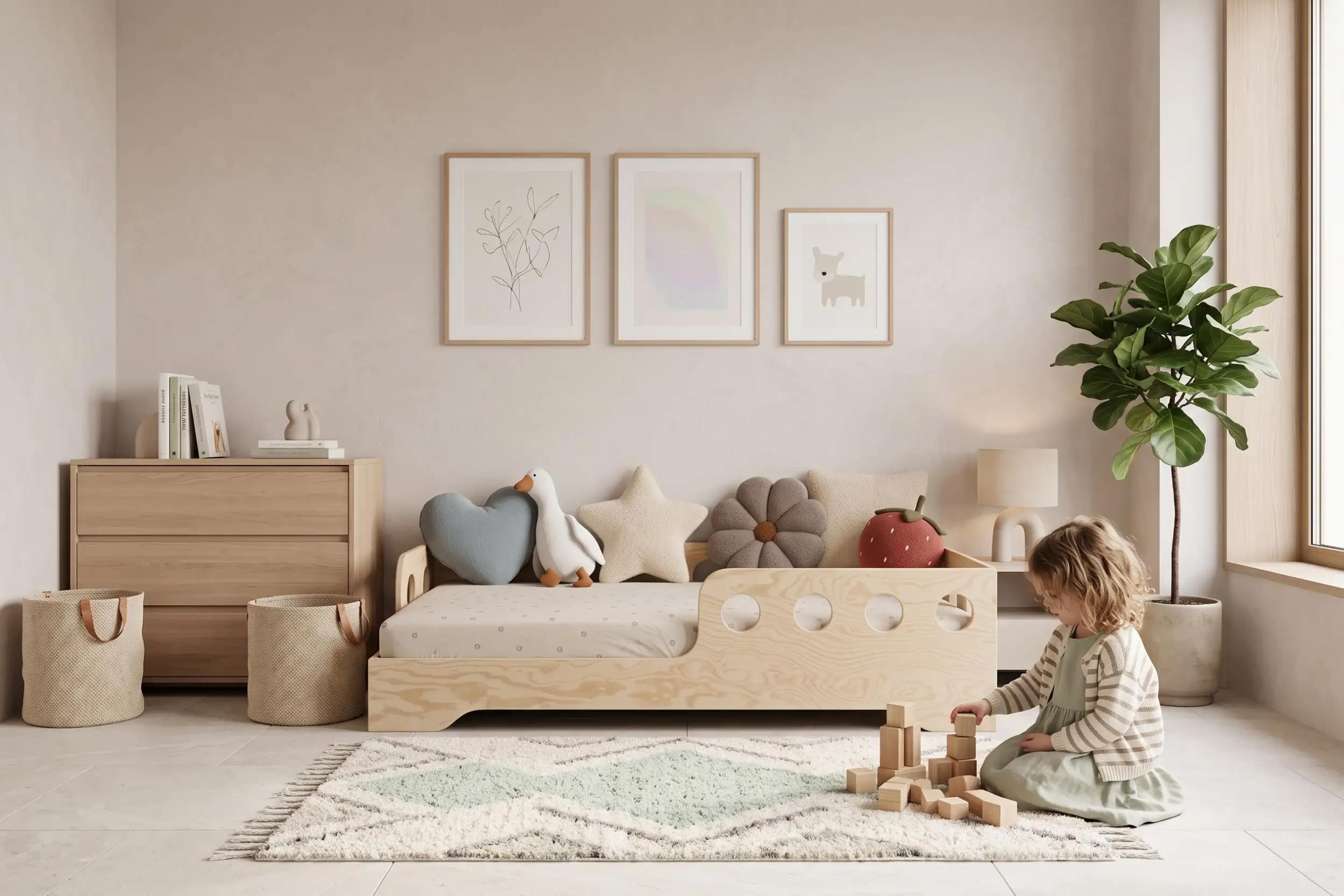 Letto per bambini TILA 5L in legno naturale con sponda, una bambina costruisce una torre di cubi vicino al letto.