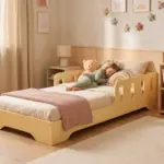 Letto per bambini TILA 6 color giallo burro con sponde, un bambino dorme abbracciato a un orsacchiotto.