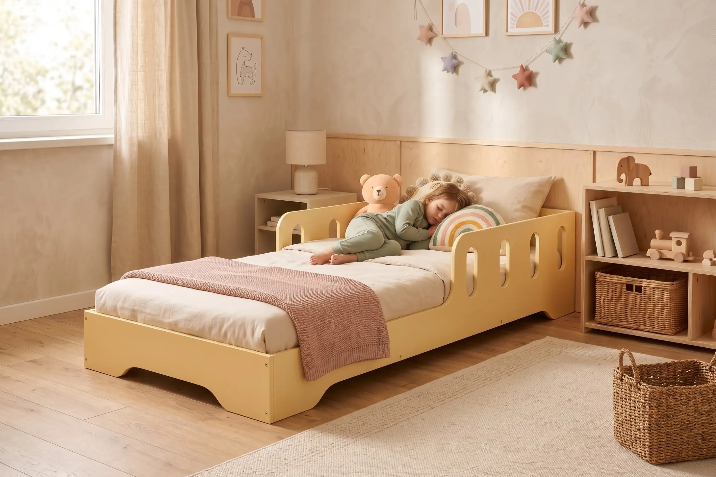 Letto per bambini TILA 6 color giallo burro con sponde, un bambino dorme abbracciato a un orsacchiotto.
