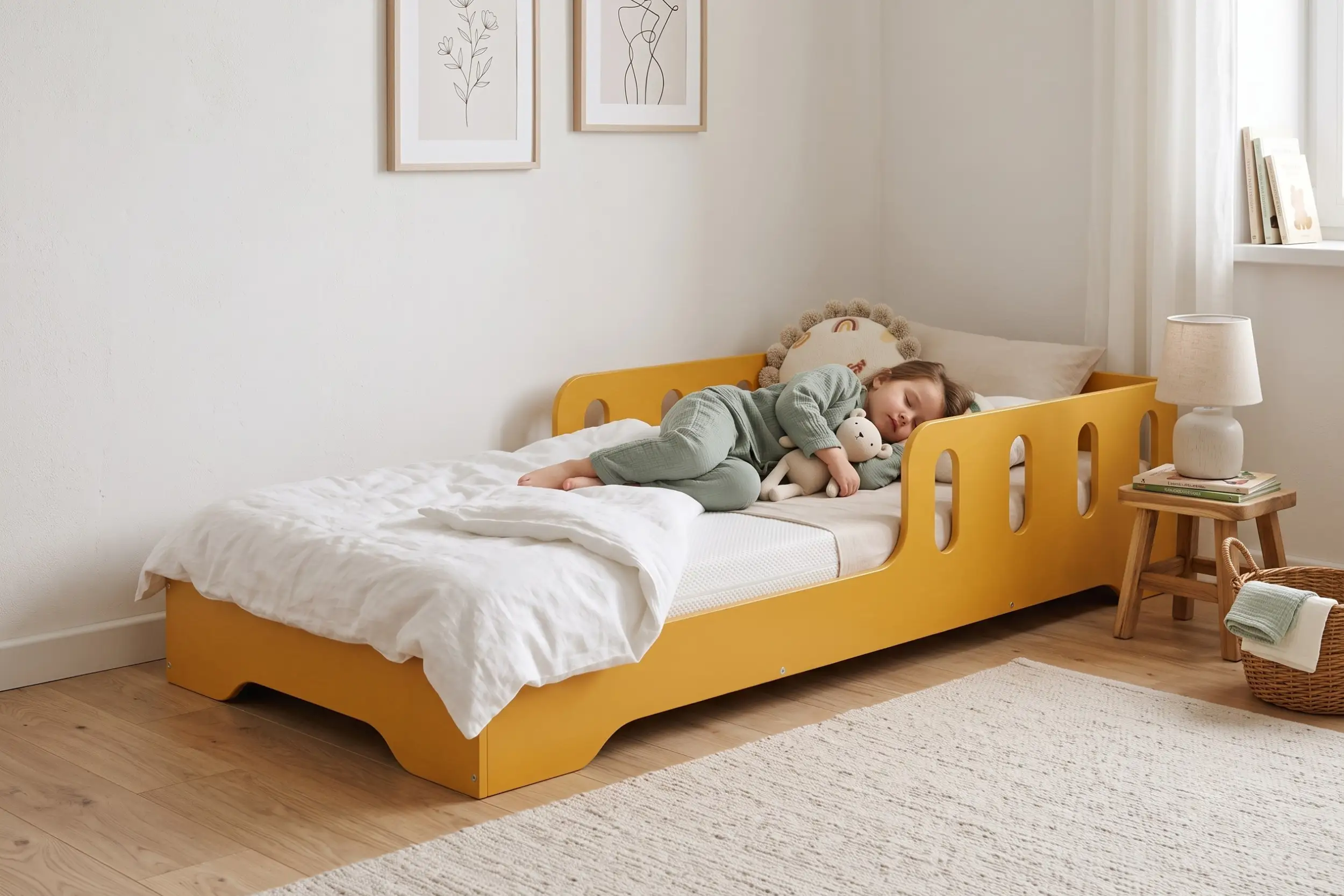 Letto per bambini TILA 6 color giallo senape con sponde ad asole, una bambina dorme abbracciata a un coniglietto di peluche.