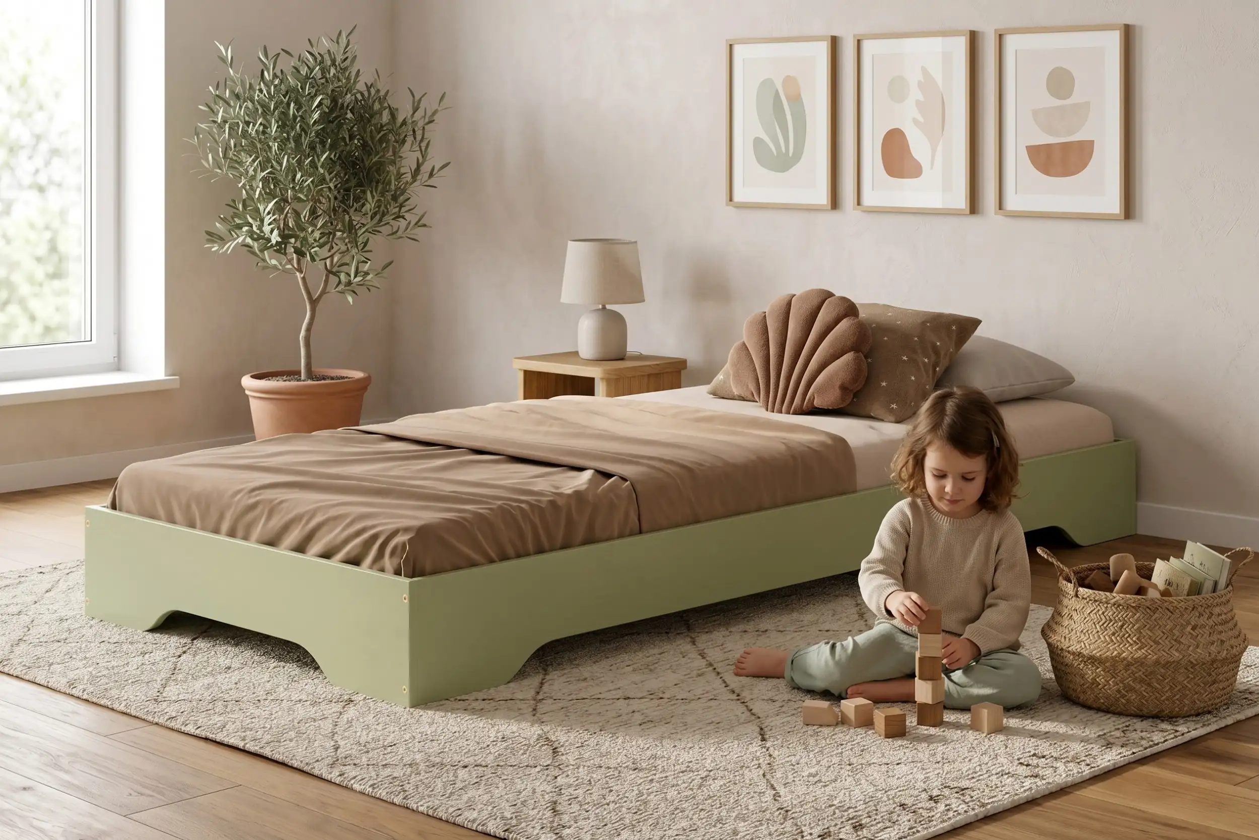 Letto per bambini TILA 7 color verde salvia, bassa struttura a terra, una bambina gioca con i cubi di legno sul tappeto.