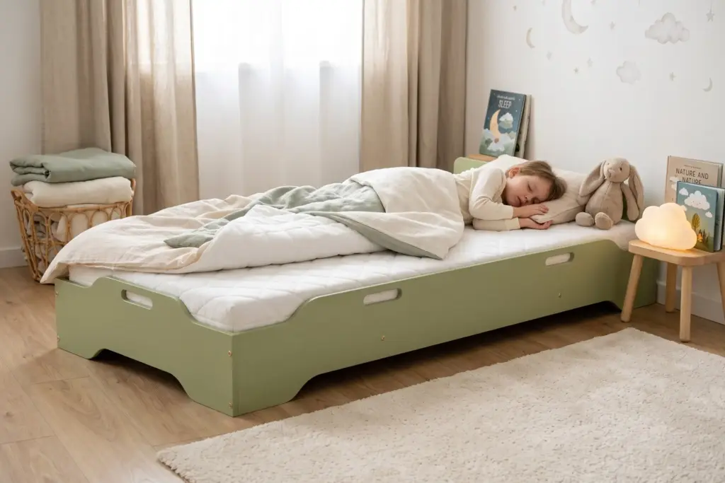 Letto per bambini TILA 8 color verde salvia, bassa struttura a terra, una bambina dorme con un coniglietto di peluche.