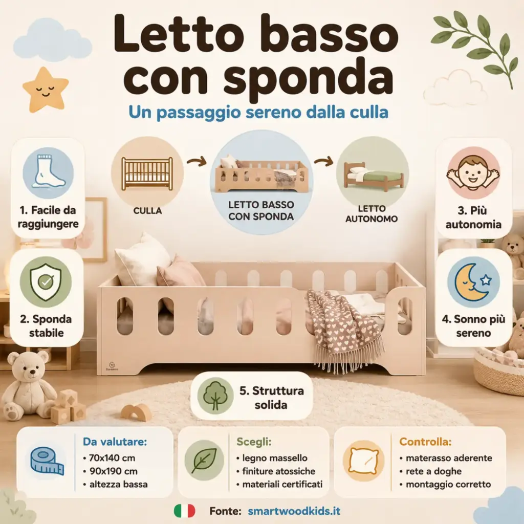 Infografica: letto basso con sponda, un passaggio sereno dalla culla - facile da raggiungere, sponda stabile, autonomia e sonno sereno.