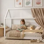 Letto a casetta MILO bianco con baldacchino, bambina che legge un libro in un angolo accogliente di una cameretta luminosa.