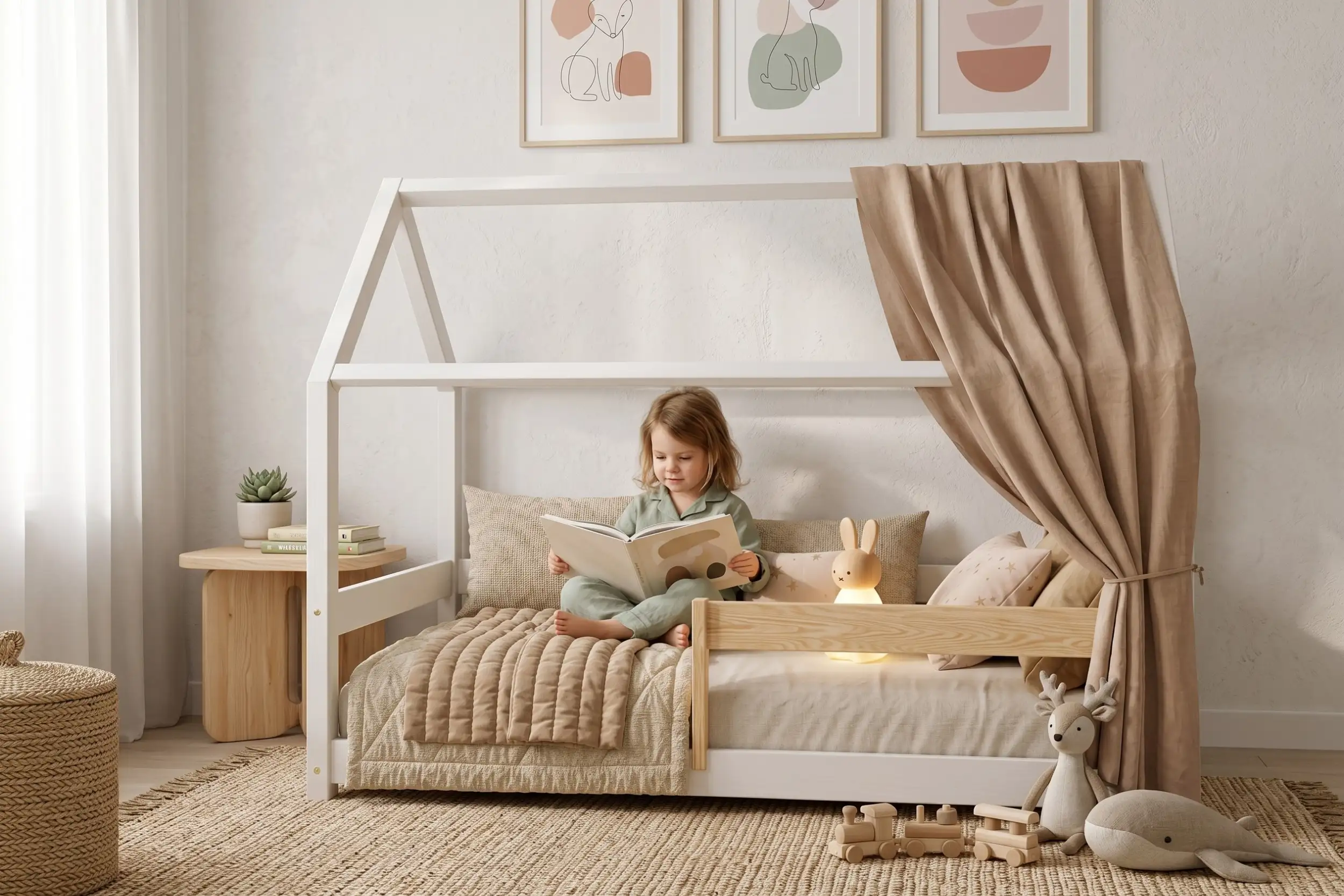 Letto a casetta MILO bianco con baldacchino, bambina che legge un libro in un angolo accogliente di una cameretta luminosa.