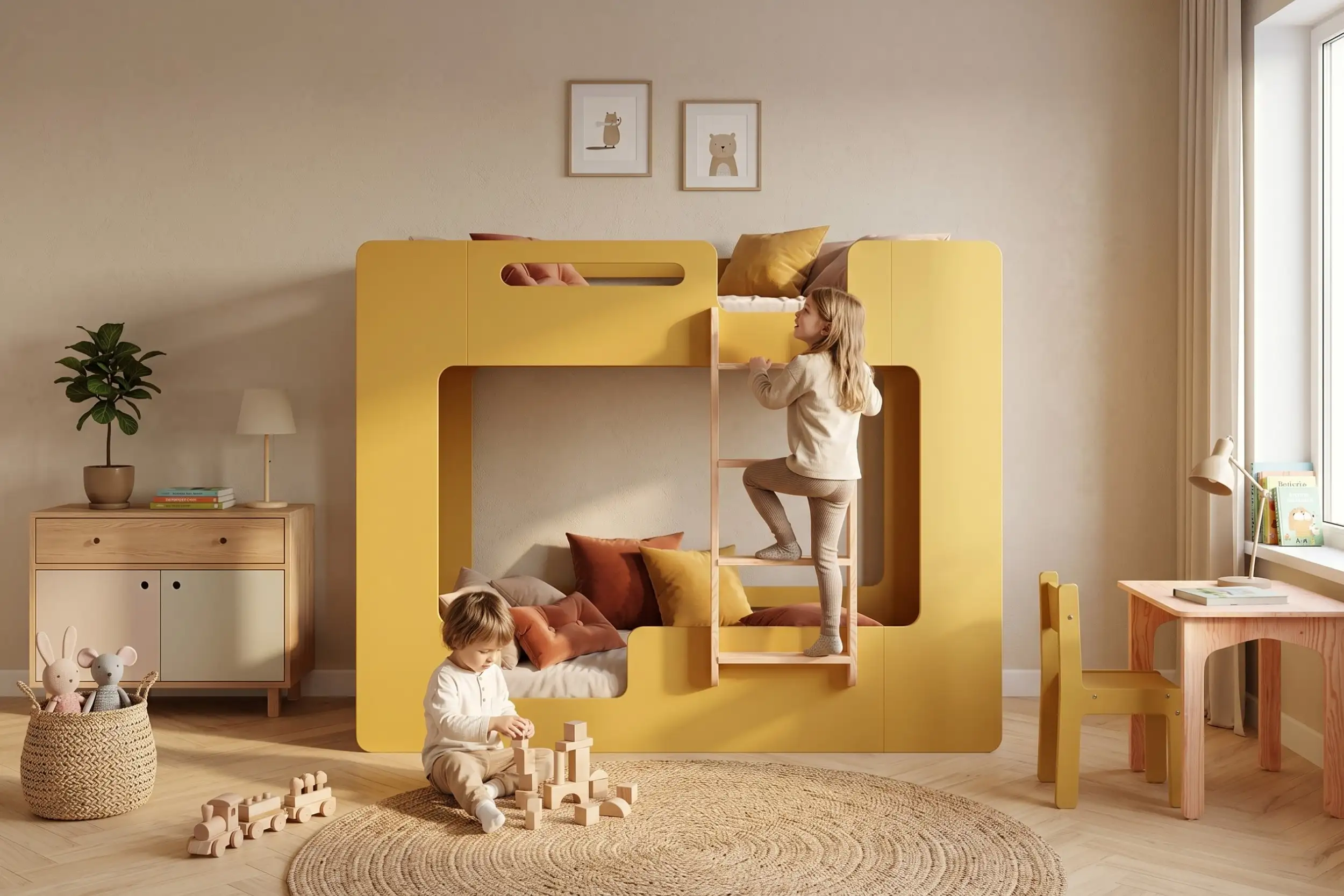 Letto a castello MIMI B giallo per bambini, bambina che sale la scaletta e bambino che gioca con i cubi in una cameretta luminosa.
