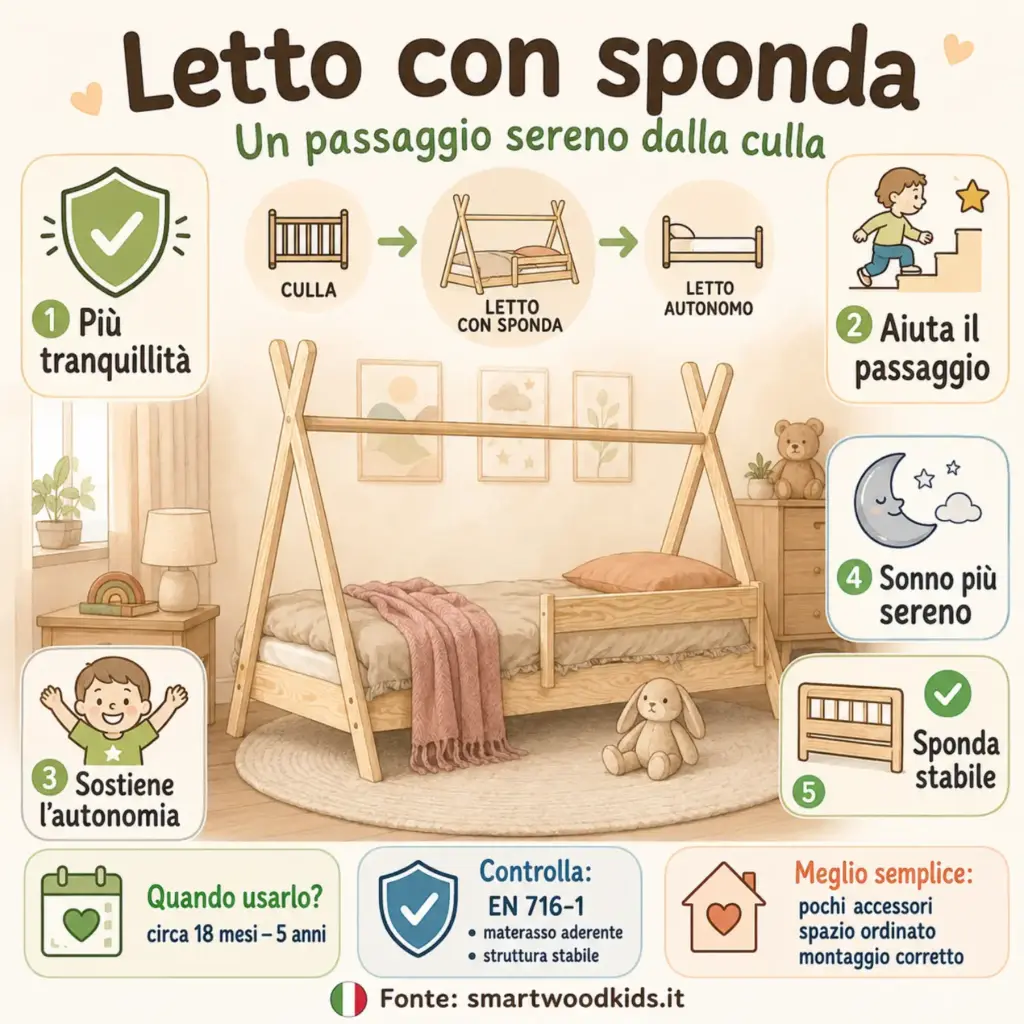  Infografica: letto con sponda, un passaggio sereno dalla culla - tranquillità, autonomia e sonno sereno.
