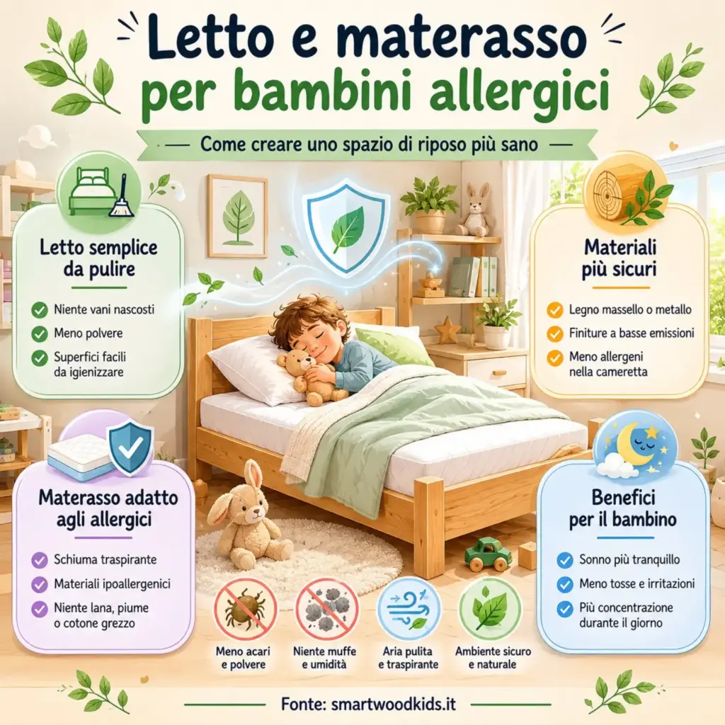 Infografica: letto e materasso per bambini allergici - materiali sicuri, materasso ipoallergenico e riposo più sano.
description: Infografica: come creare uno spazio di riposo più sano per bambini allergici. smartwoodkids.it