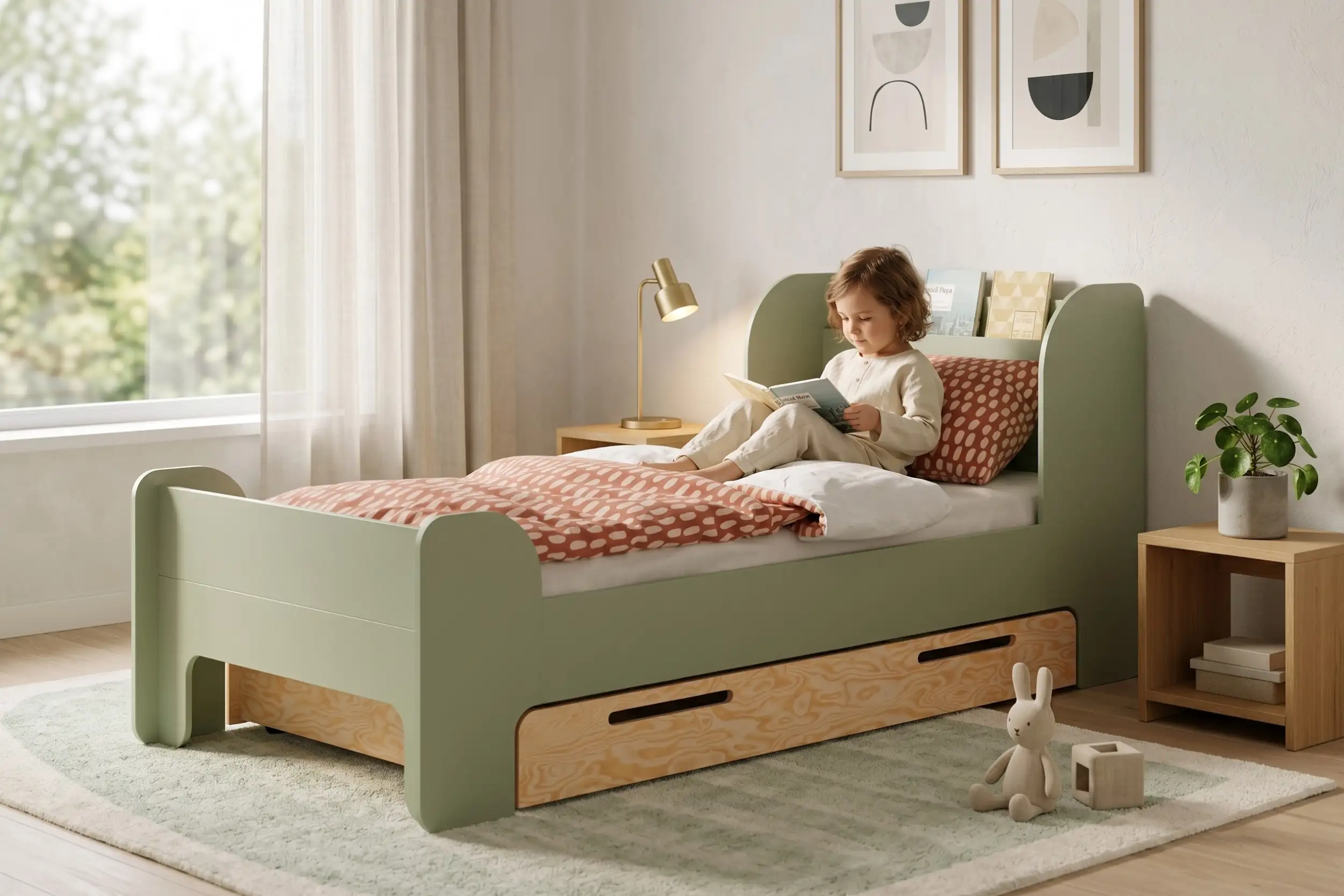 Letto per bambini FLOU D verde con cassetto in legno naturale, bambina che legge un libro appoggiata ai cuscini in una cameretta luminosa.
