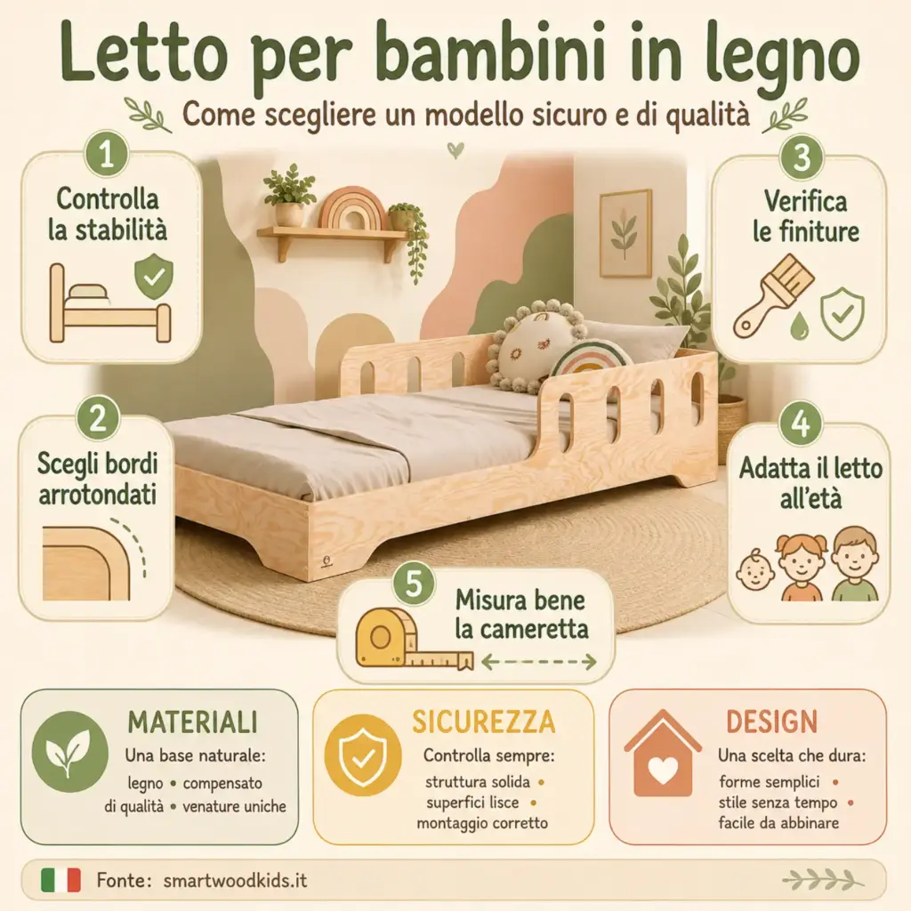 Infografica: letto per bambini in legno - stabilità, bordi arrotondati, finiture verificate, adatto all'età e misure della cameretta.