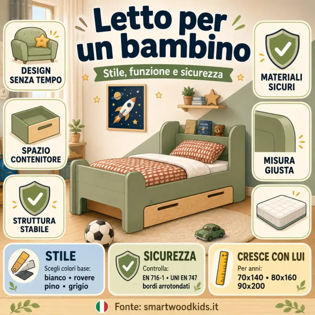 Infografica: letto per un bambino - design senza tempo, spazio contenitore, struttura stabile, materiali sicuri e misura giusta.