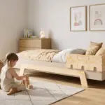 Letto per bambini PUZZLE BR1 bianco con sponda a forma di puzzle in legno naturale, bambina che costruisce una torre di cubi accanto al letto.