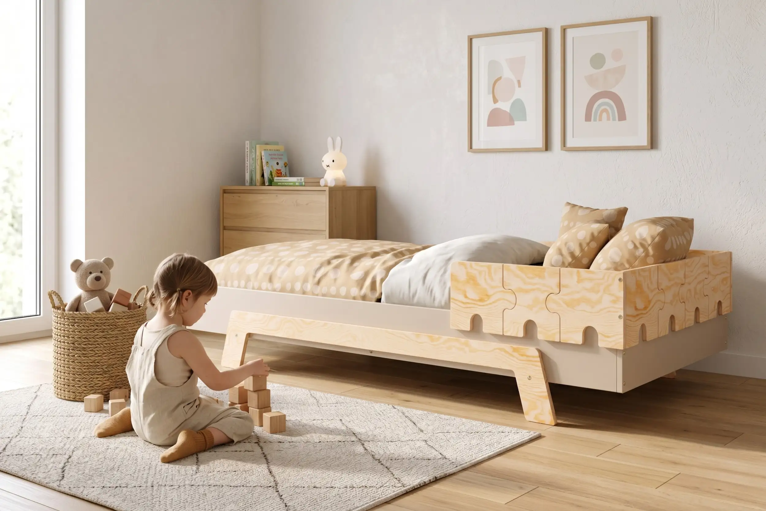 Letto per bambini PUZZLE BR1 bianco con sponda a forma di puzzle in legno naturale, bambina che costruisce una torre di cubi accanto al letto.
