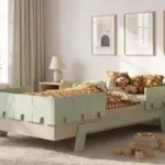 Letto per bambini PUZZLE BR2 color cachemire con sponde verdi a forma di puzzle, bambina che dorme serena in una cameretta luminosa.