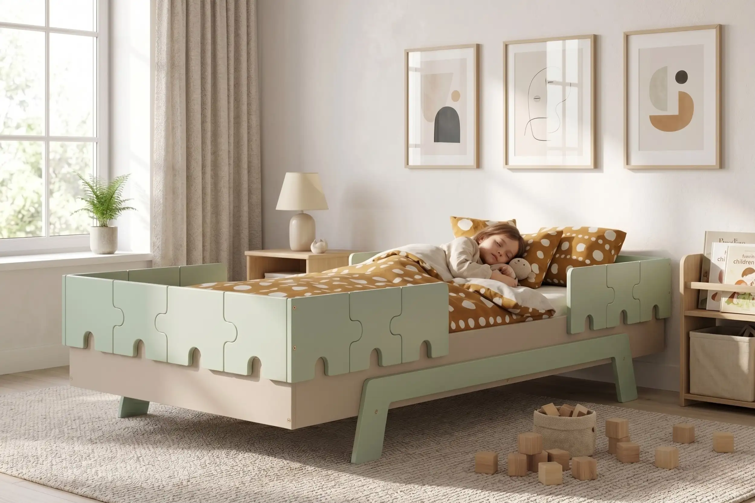 Letto per bambini PUZZLE BR2 color cachemire con sponde verdi a forma di puzzle, bambina che dorme serena in una cameretta luminosa.