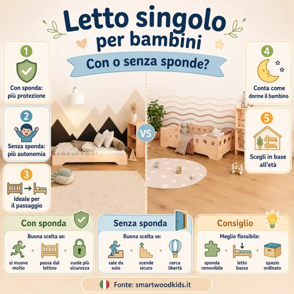 Infografica: letto singolo per bambini, con o senza sponde -protezione, autonomia e scelta in base all'età.