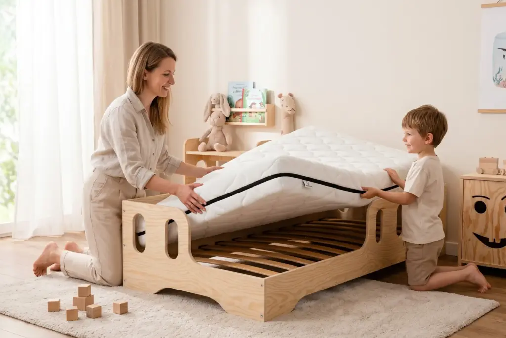 Letto per bambini TILA 1 in legno naturale con materasso, mamma e figlio sistemano il materasso sulla rete a doghe in una cameretta luminosa.