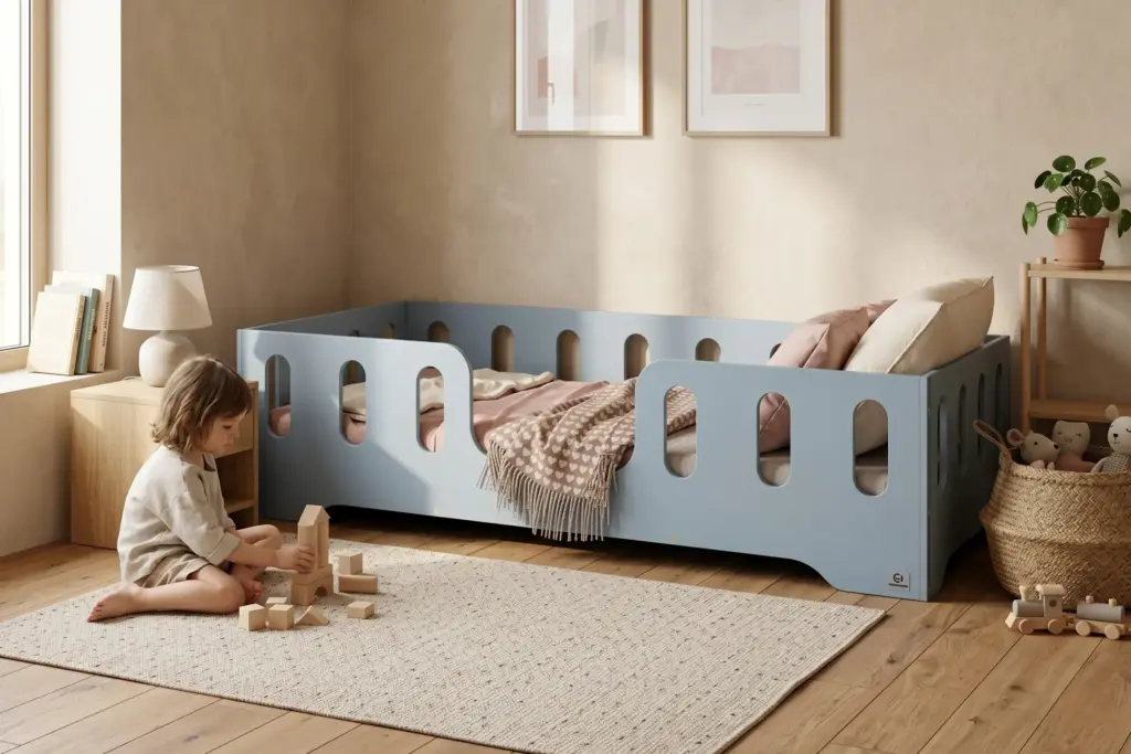 Letto per bambini TILA 2 azzurro in stile Montessori basso, bambino che gioca con cubi di legno in una cameretta luminosa.