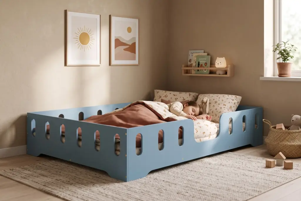 Letto per bambini TILA 2 blu con barriere, bambina che dorme sotto la coperta in una cameretta accogliente e luminosa.