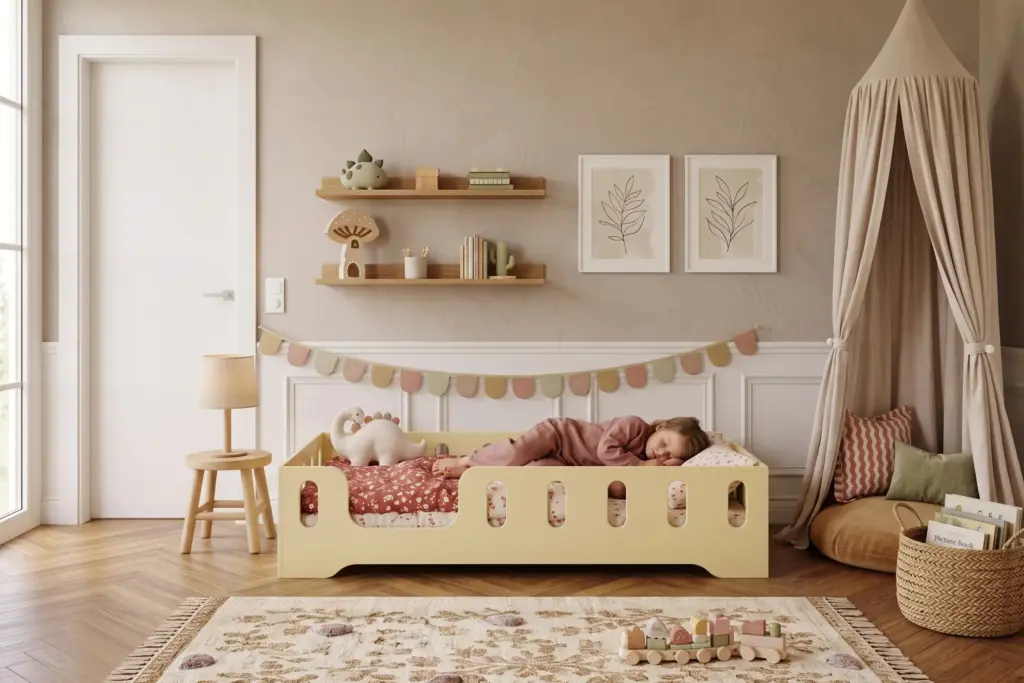 Letto per bambini TILA 2 giallo burro con barriere, bambina che dorme accanto a un dinosauro di peluche in una cameretta luminosa.