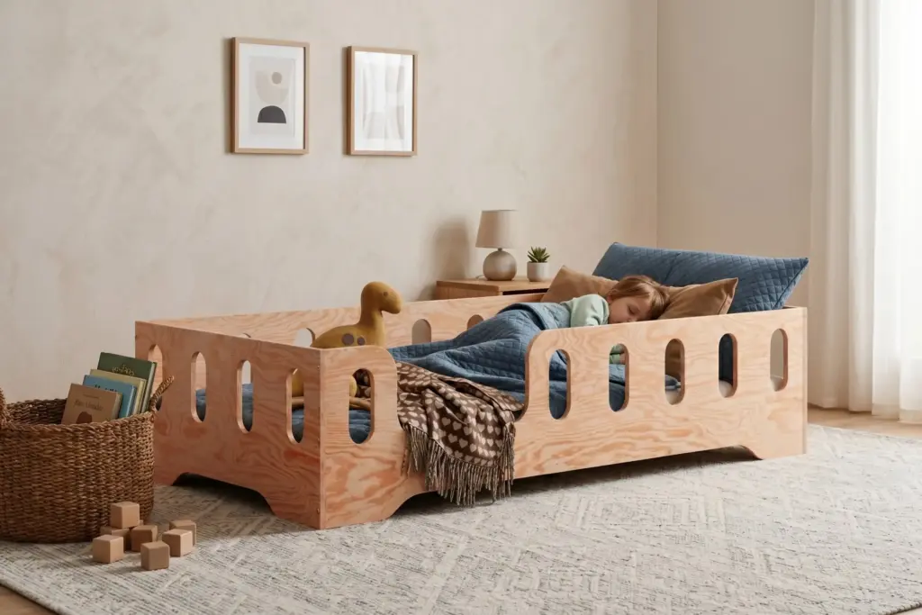 Letto per bambini TILA 2 in legno naturale con sponde di sicurezza, bambina che dorme avvolta in una coperta blu nella sua cameretta.