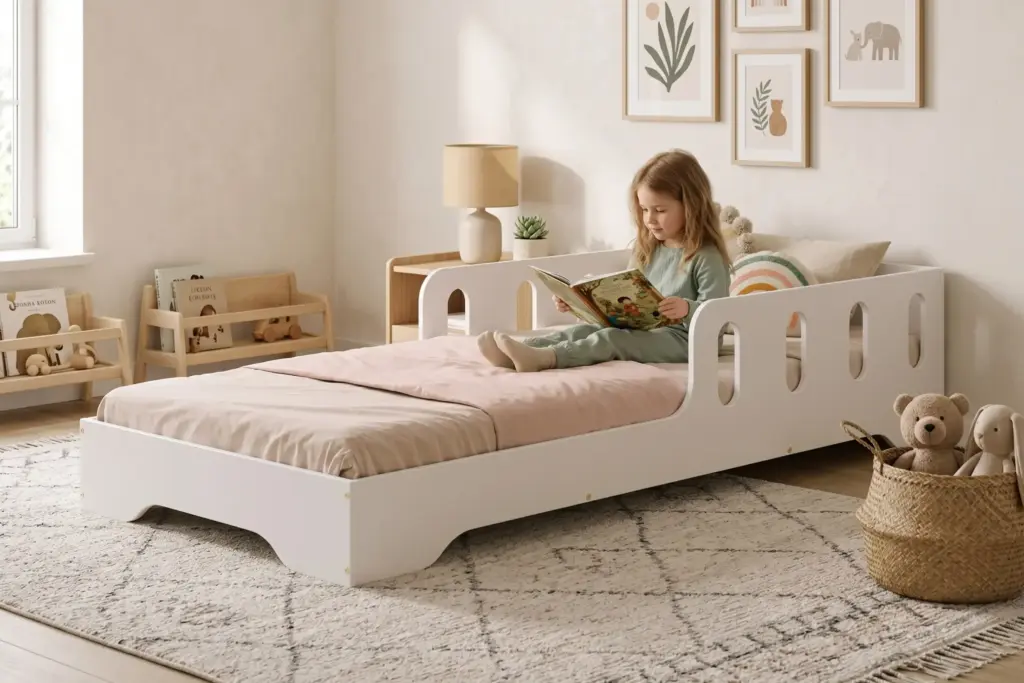 Letto per bambini TILA 6 bianco e basso in stile Montessori, bambina che legge un libro in una cameretta luminosa e accogliente.