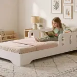Letto per bambini TILA 6 bianco e basso in stile Montessori, bambina che legge un libro in una cameretta luminosa e accogliente.