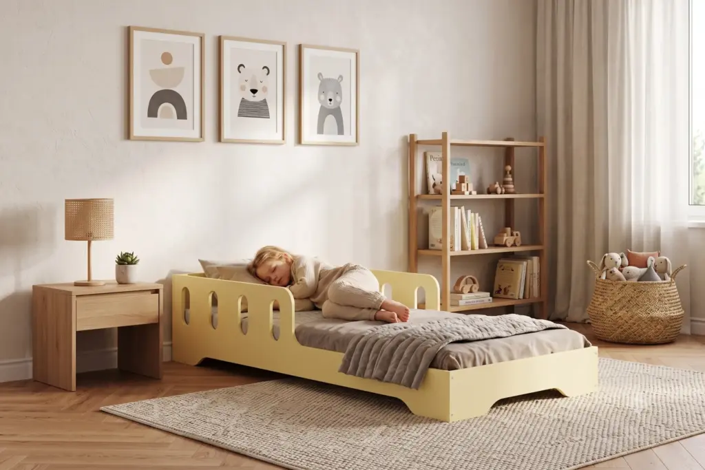 Letto per bambini TILA 6 giallo burro con barriere, bambina che dorme sul materasso in una cameretta chiara e accogliente.