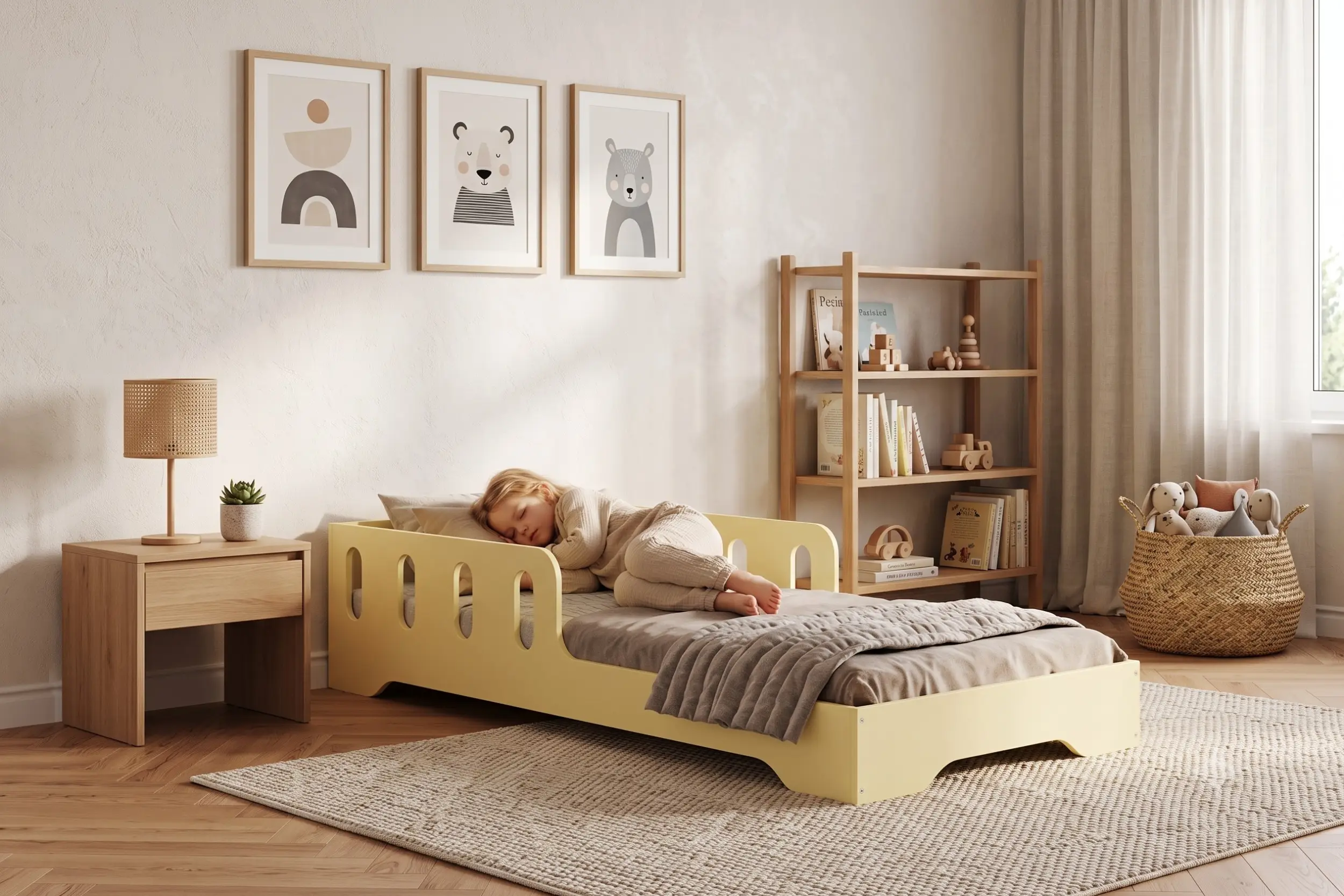 Letto per bambini TILA 6 giallo burro con barriere, bambina che dorme sul materasso in una cameretta chiara e accogliente.