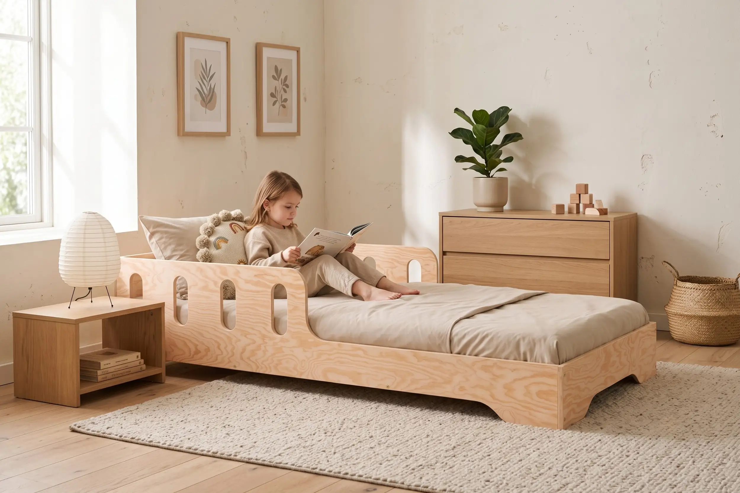 Letto per bambini TILA 6 in legno naturale con barriera traforata, bambina che legge un libro in una cameretta luminosa.