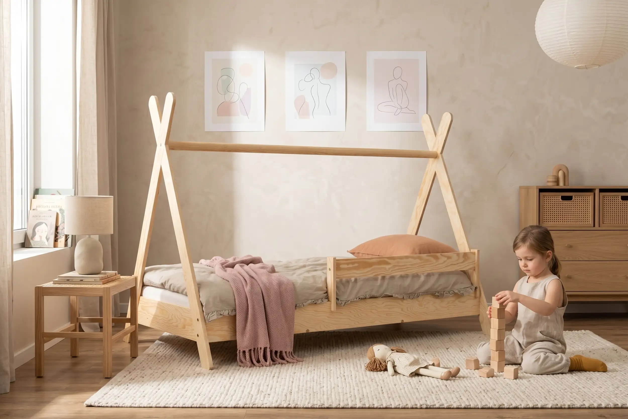 Letto tipi TIPI in legno naturale con sponda, una bambina gioca con i cubi di legno sul tappeto.