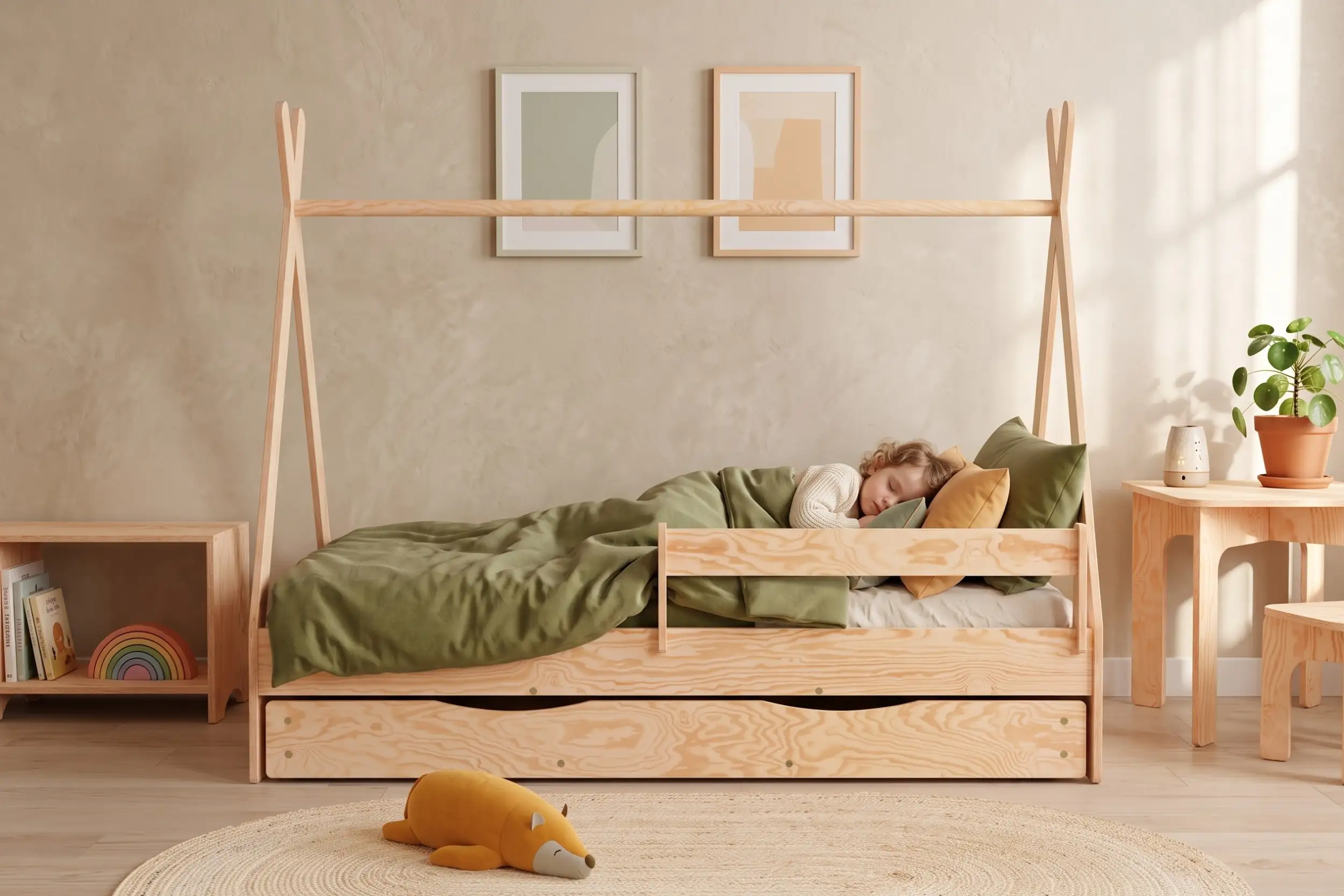 Letto a capanna TIPI D in legno naturale con cassetto e sponda, bambina che dorme sotto un piumone verde oliva.