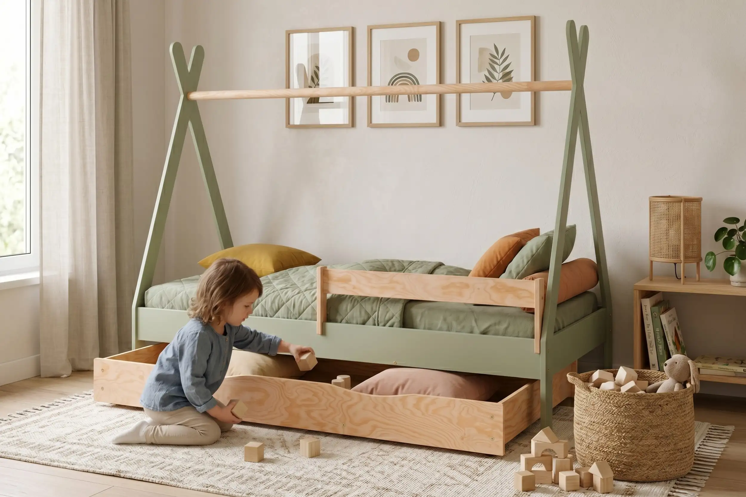 Letto tipi TIPI D verde in legno con cassetto estraibile, bambina che prende dei cubi dal cassetto in una cameretta luminosa.
