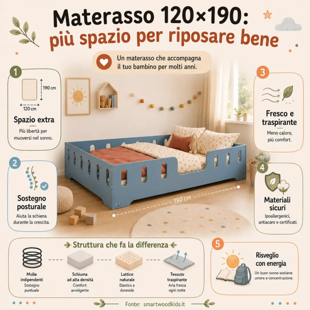 alt: Infografica: materasso 120x190 -spazio extra, sostegno posturale, traspirabilità, materiali sicuri e risveglio pieno di energia.