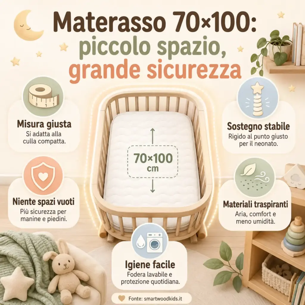 Infografica: materasso 70×100 - misura giusta, sostegno stabile, niente spazi vuoti, materiali traspiranti e igiene facile.