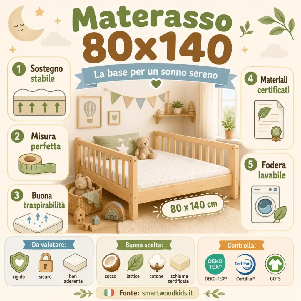 Infografica: materasso per bambini - misura perfetta, sostegno corretto, buona traspirabilità, materiali certificati e fodera lavabile.