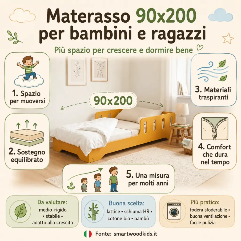 Infografica: materasso 90×200 per bambini e ragazzi - spazio per muoversi, sostegno equilibrato, materiali traspiranti e comfort duraturo.