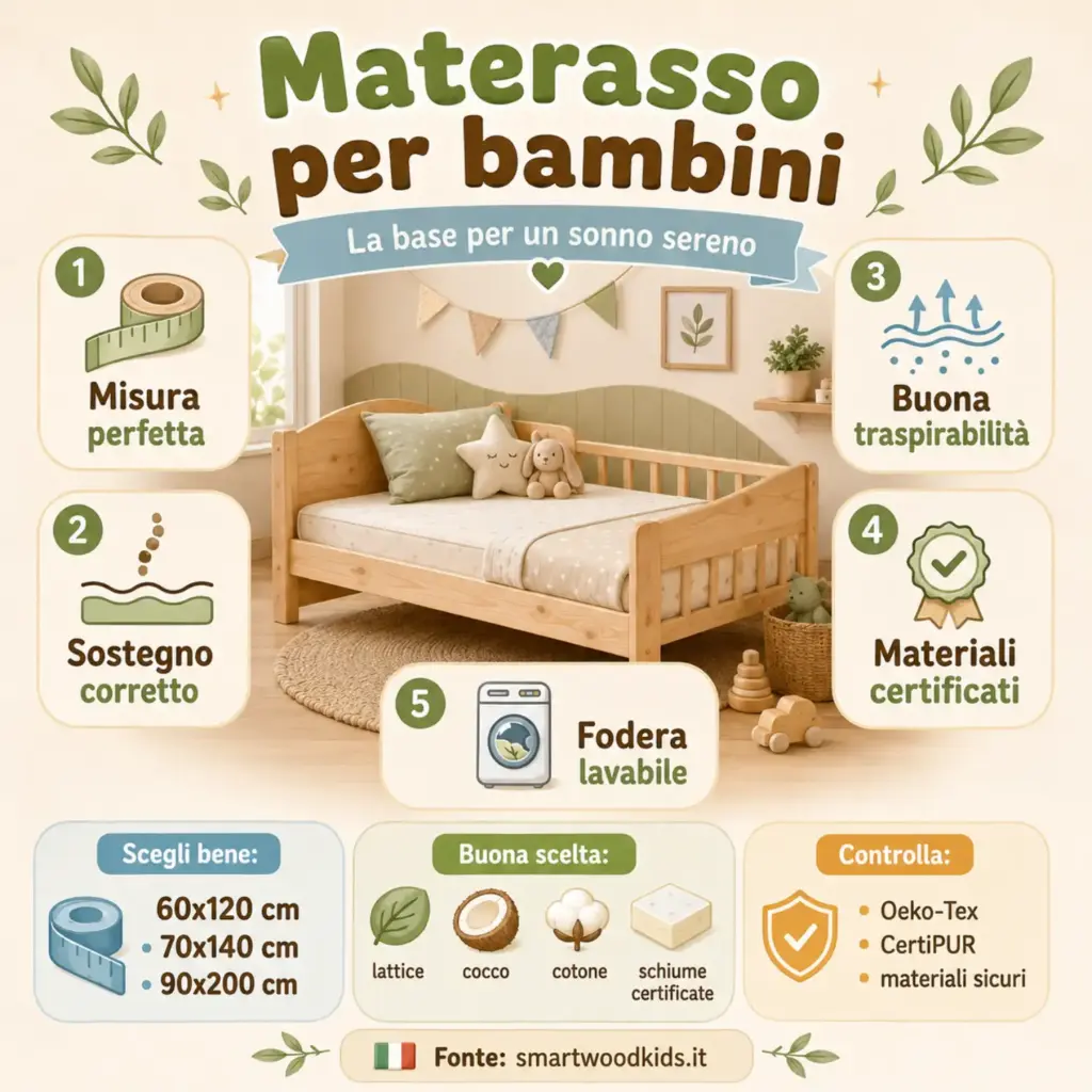 Infografica: materasso per bambini - misura perfetta, sostegno corretto, buona traspirabilità, materiali certificati e fodera lavabile.