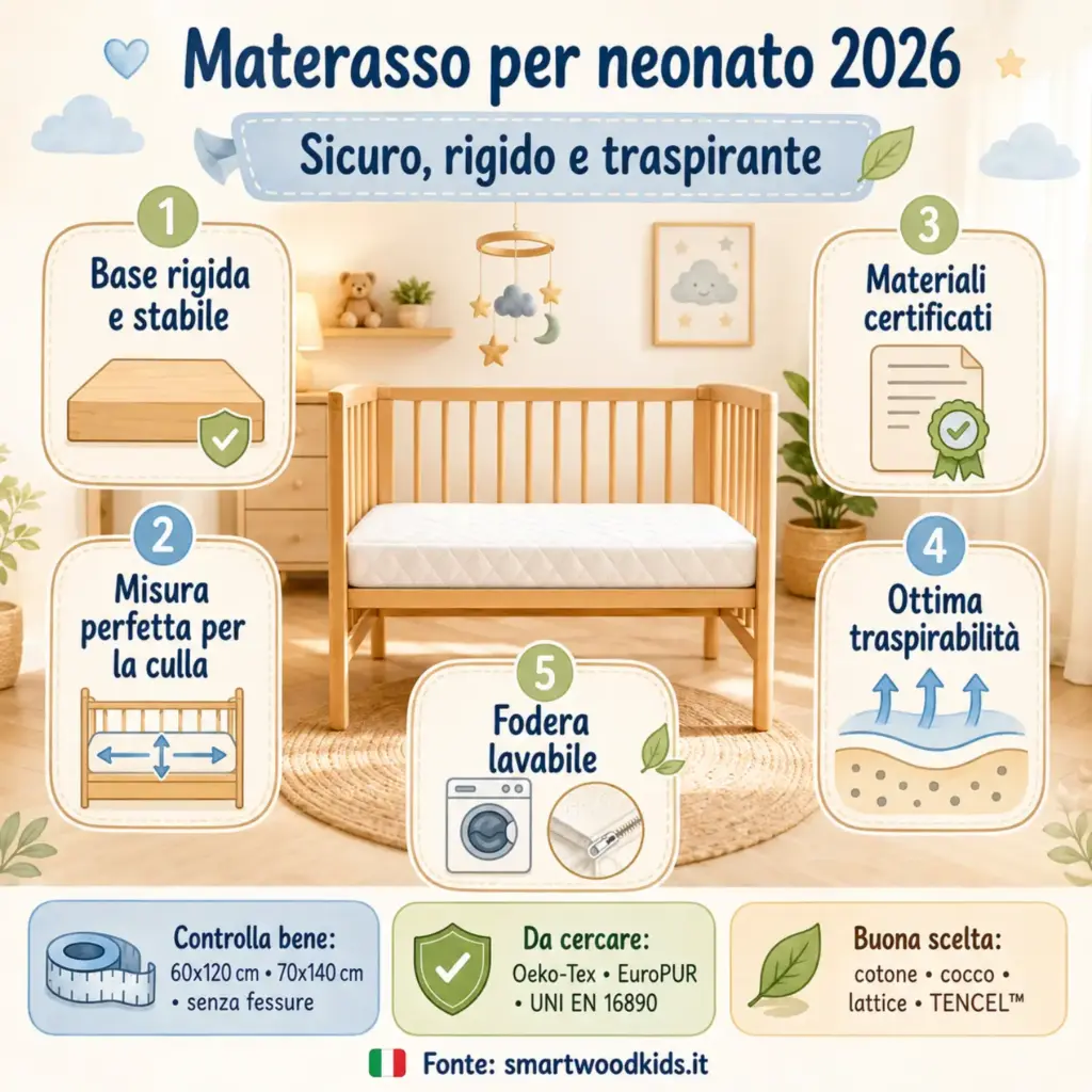 Infografica: materasso per neonato 2026 - base rigida, misura perfetta per la culla, materiali certificati e ottima traspirabilità.