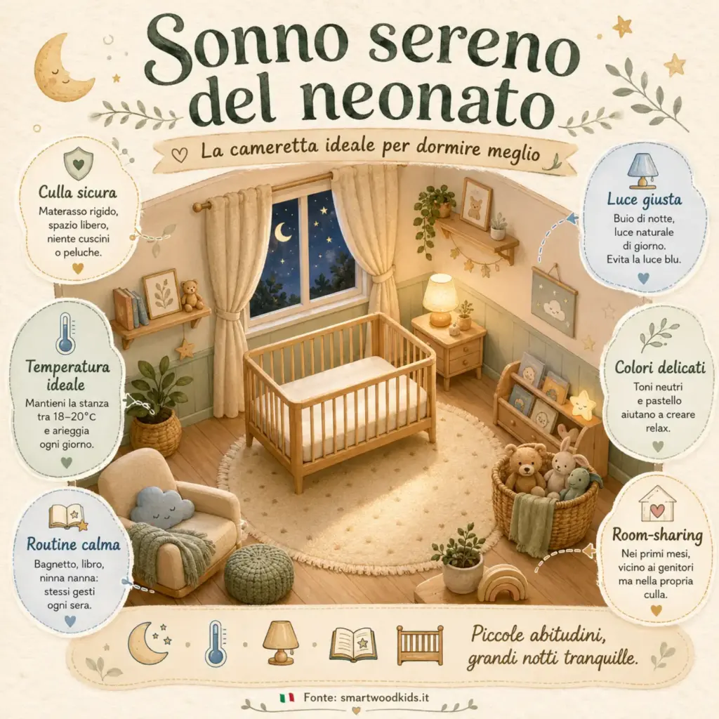 Infografica: sonno sereno del neonato - culla sicura, luce e temperatura giuste, colori delicati e routine calma.