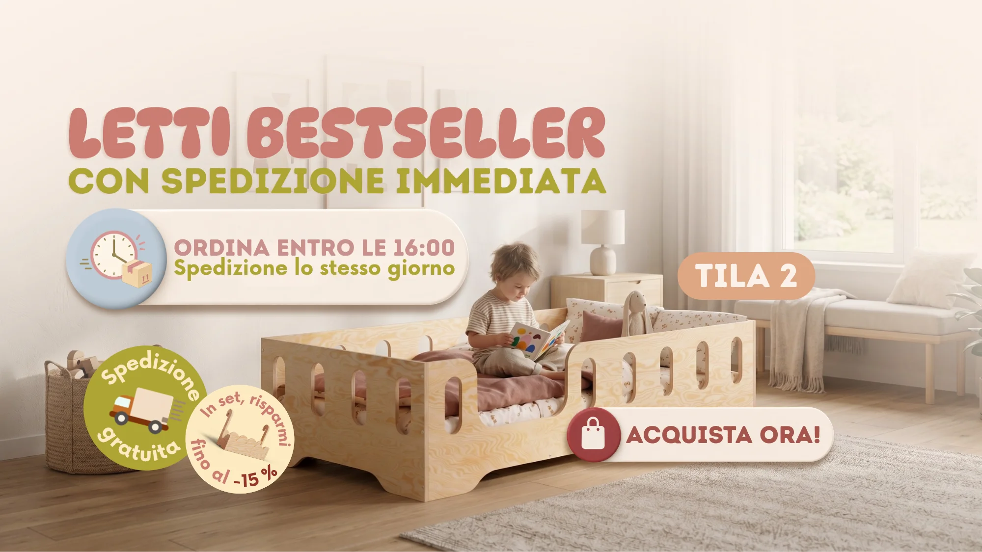 Letto per bambini Tila 2 in legno, bestseller con spedizione lo stesso giorno per ordini effettuati entro le 16:00