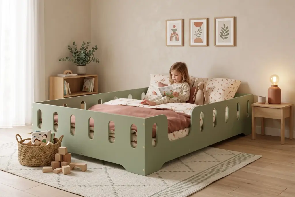 Letto per bambini TILA 2 verde con barriere, bambina che legge un libro tra i cuscini in una cameretta luminosa.