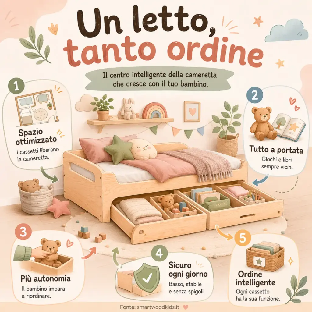 nfografica: un letto con cassetti - spazio ottimizzato, tutto a portata, più autonomia, sicuro ogni giorno e ordine intelligente.