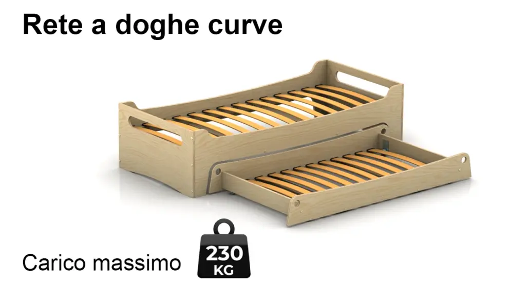 Letto TILA 10 con rete a doghe curve e cassetto, con portata fino a 230 kg.