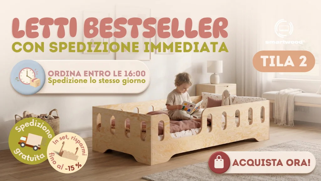 Banner Smartwood con letto Montessori Tila 2 in legno, bimbo che legge, spedizione immediata, consegna gratuita e invito Acquista ora.