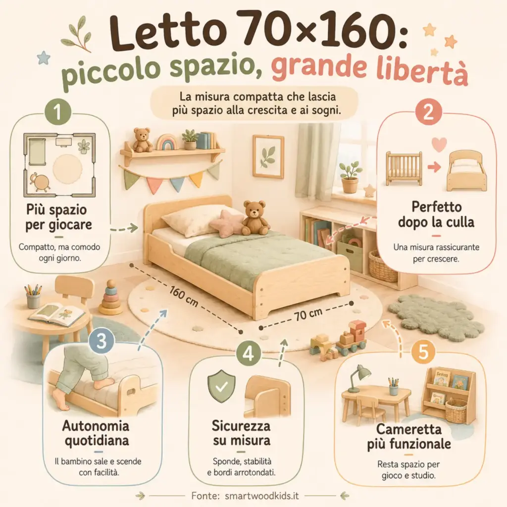 Infografica: letto 70×160 - più spazio per giocare, perfetto dopo la culla, autonomia quotidiana, sicurezza e cameretta più funzionale.