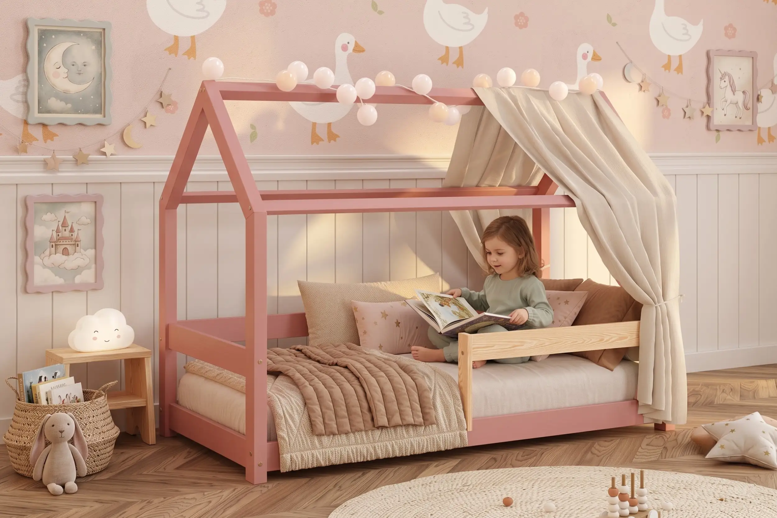 Letto a capanna MILO rosa con baldacchino e barriera in legno naturale, bambina che legge un libro tra i cuscini.