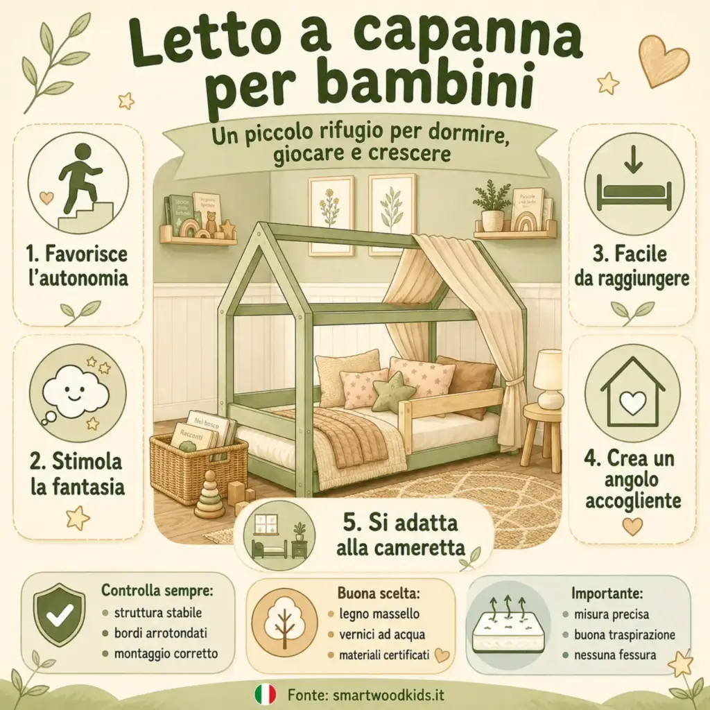 Infografica: letto a capanna per bambini - favorisce l'autonomia, stimola la fantasia, facile da raggiungere, angolo accogliente e adattabile.