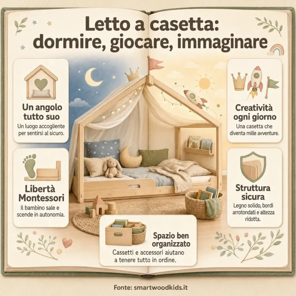 Infografica: letto a casetta - angolo accogliente, libertà Montessori, spazio organizzato, creatività quotidiana e struttura sicura.